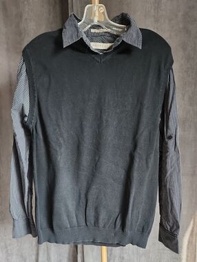 Men's Black Layered Sweater with Button-Tab Sleeves -